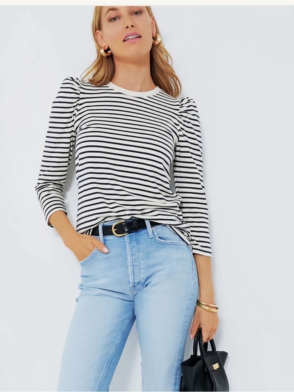 Pomander  Place Navy  Striped Vesty Puff-Sleeve Crewneck